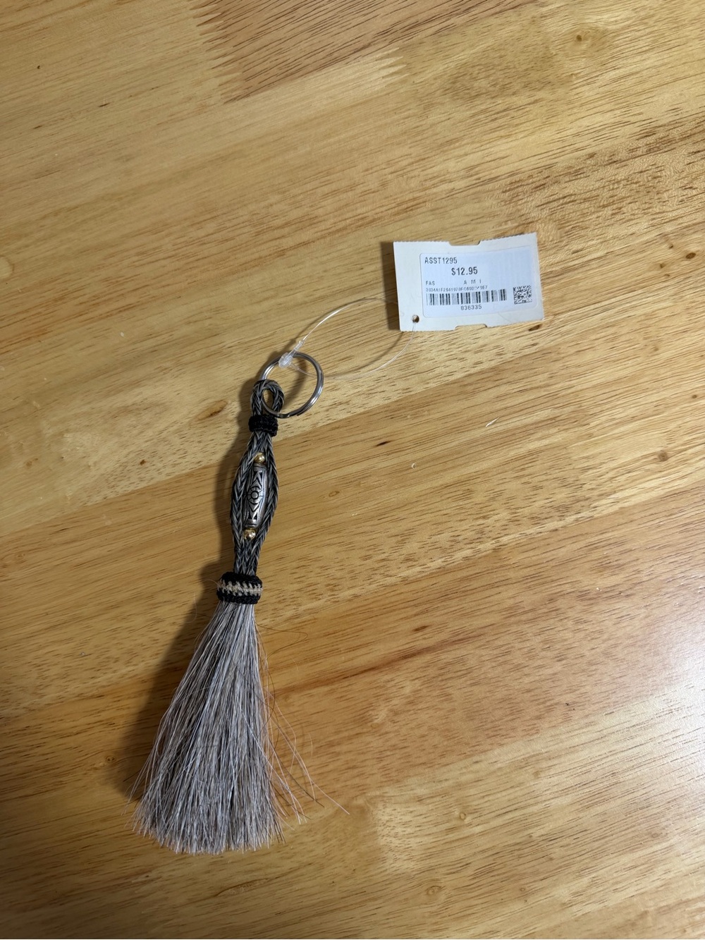 Gray Horse Hair Keychain with Metal Accents